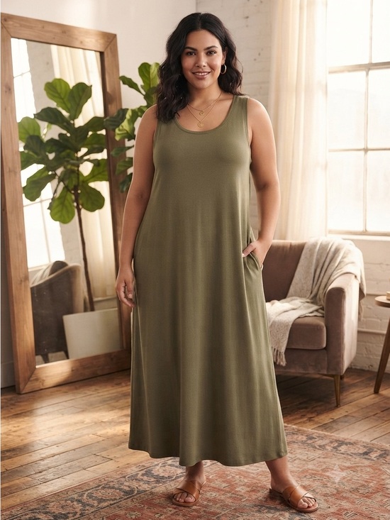 Time and Tru Dresses & Skirts - Time and Tru Olive Green Tank Maxi Dress Large Stretchy Sleeveless Casual